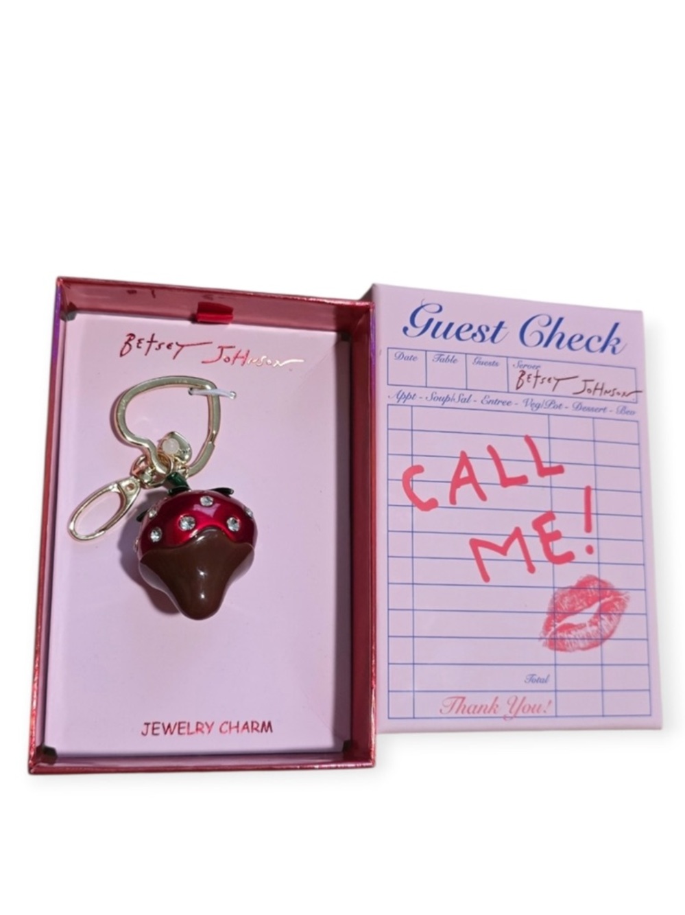 NIB Betsey Johnson Call Me Chocolate Covered Strawberry Key/Bag Charm